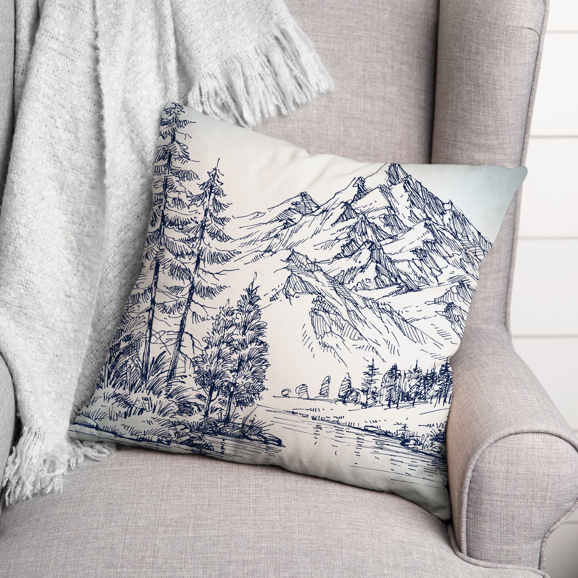 Mountain Forest Drawing 18x18 Throw Pillow